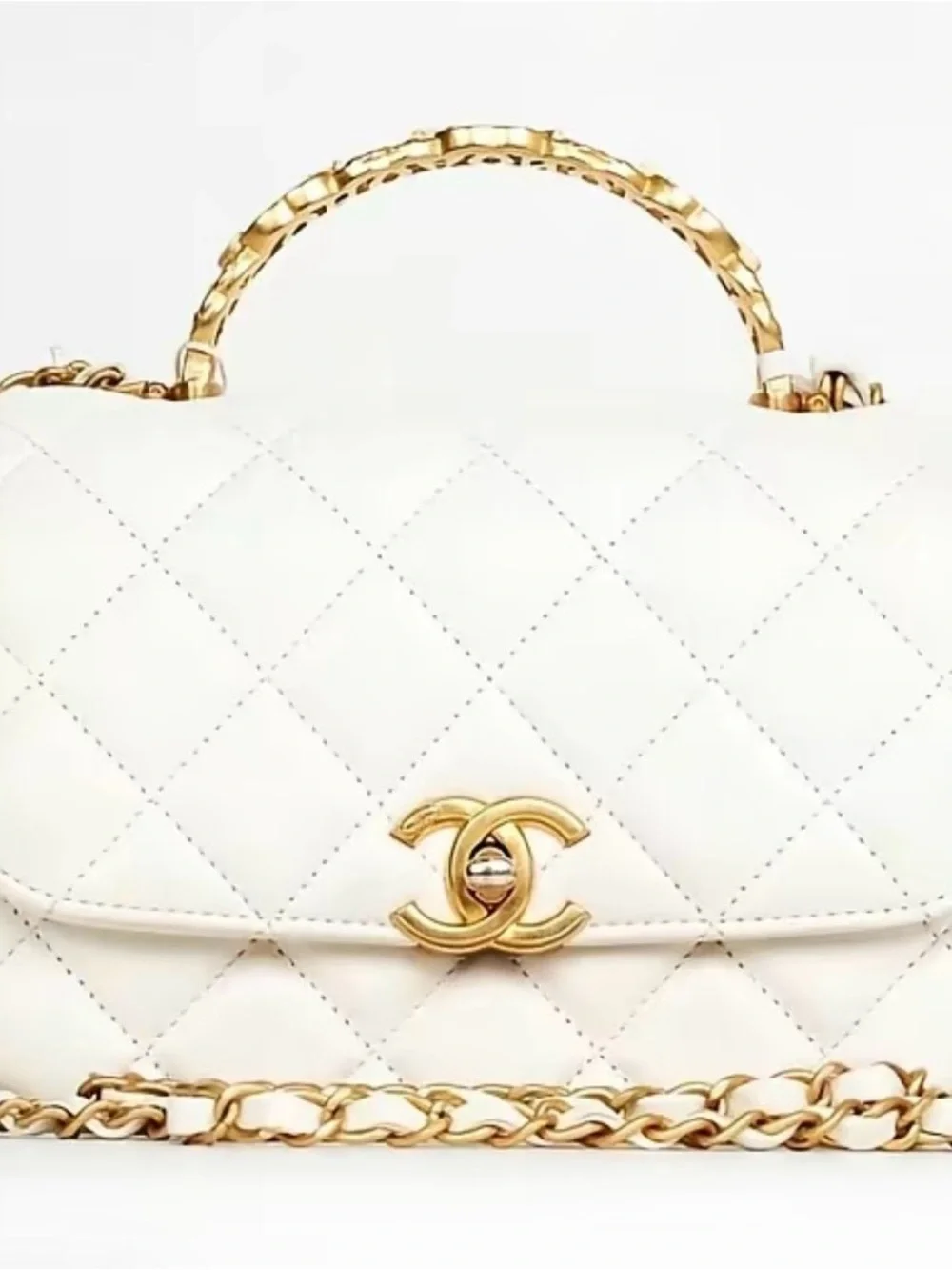 CHANEL White Quilted Shoulder Bag with Gold Chain & CC Logo
